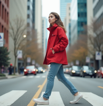 Paysage urbain : comprendre et analyser les caractéristiques principales Jeune femme dans la ville en red windbreaker et jeans