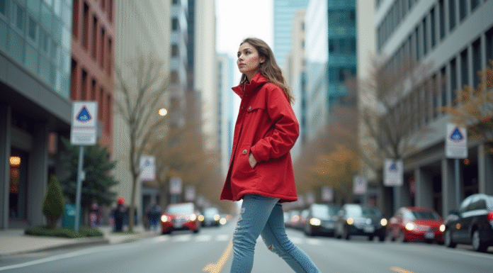 Paysage urbain : comprendre et analyser les caractéristiques principales Jeune femme dans la ville en red windbreaker et jeans