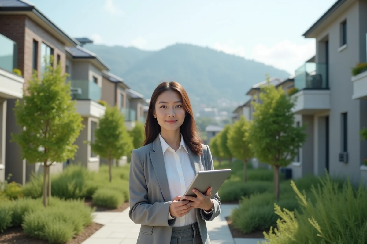 Jeune femme en immobilier observant des bâtiments écologiques