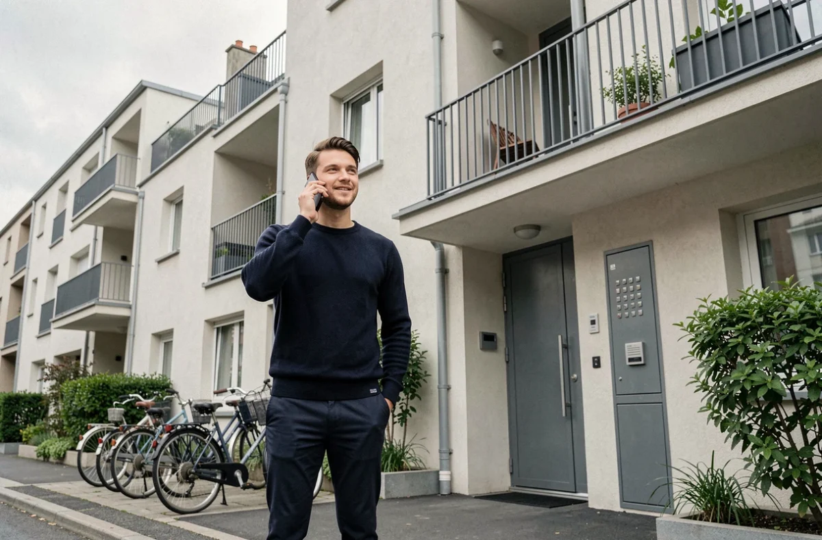 Jeune homme actif devant un immeuble résidentiel modern symbolisant l'accès au logement grâce au 1% logement
