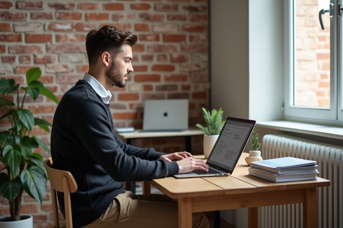 Jeune homme travaillant sur un ordinateur dans un appartement