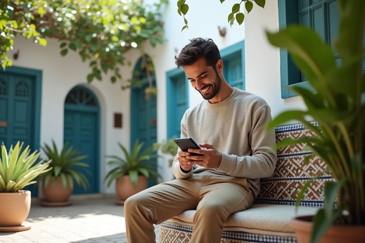 Jeune homme marocain souriant dans une cour paisible d