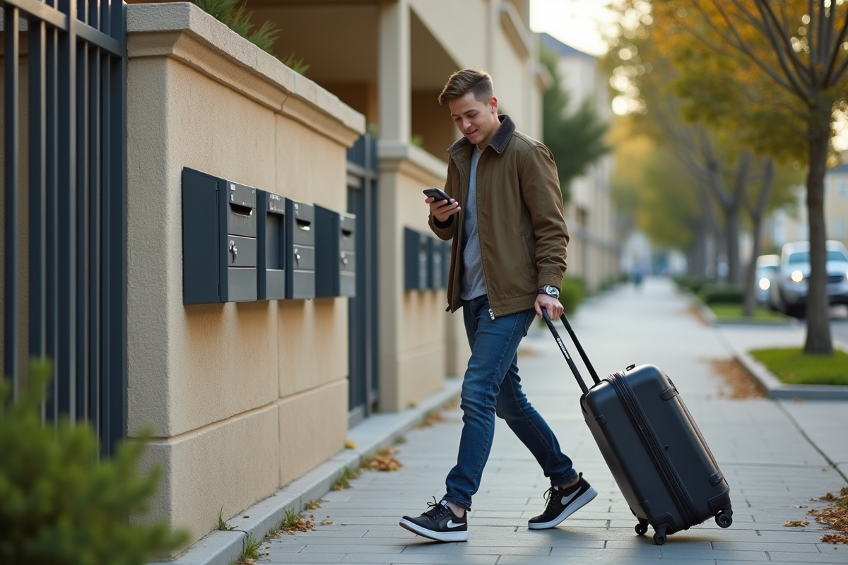 Jeune homme avec valise devant un immeuble résidentiel en ville