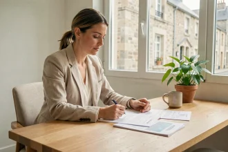 Femme consultant un contrat de location d'appartement à Concarneau, assise à un bureau en bois avec des documents administratifs