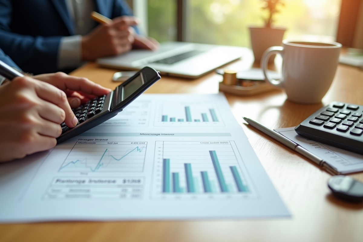 Gros plan sur mains utilisant calculatrice et stylo pour un prêt immobilier