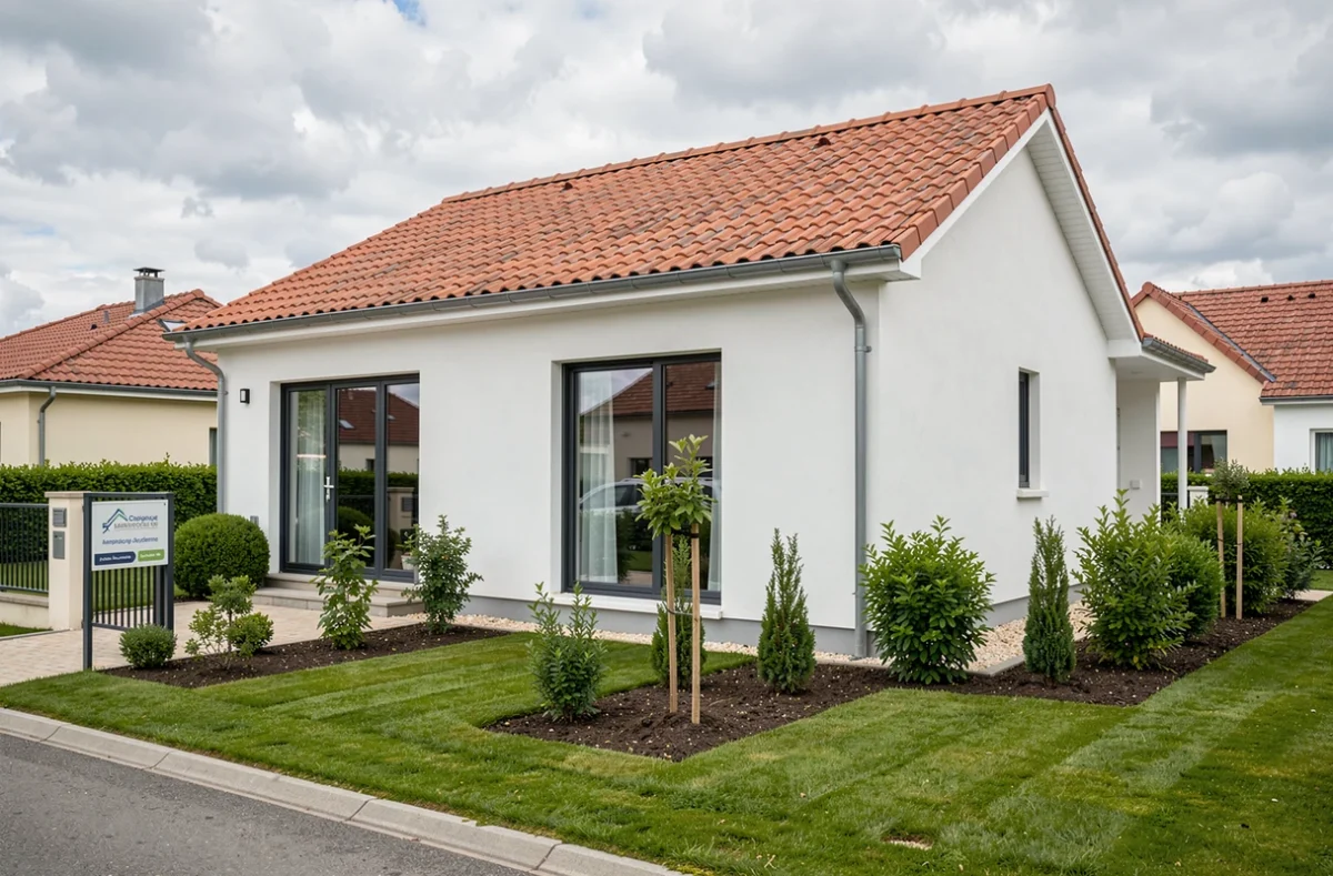 Maison individuelle neuve construite par Maisons France Confort avec façade blanche et toiture en tuiles dans l'Aube
