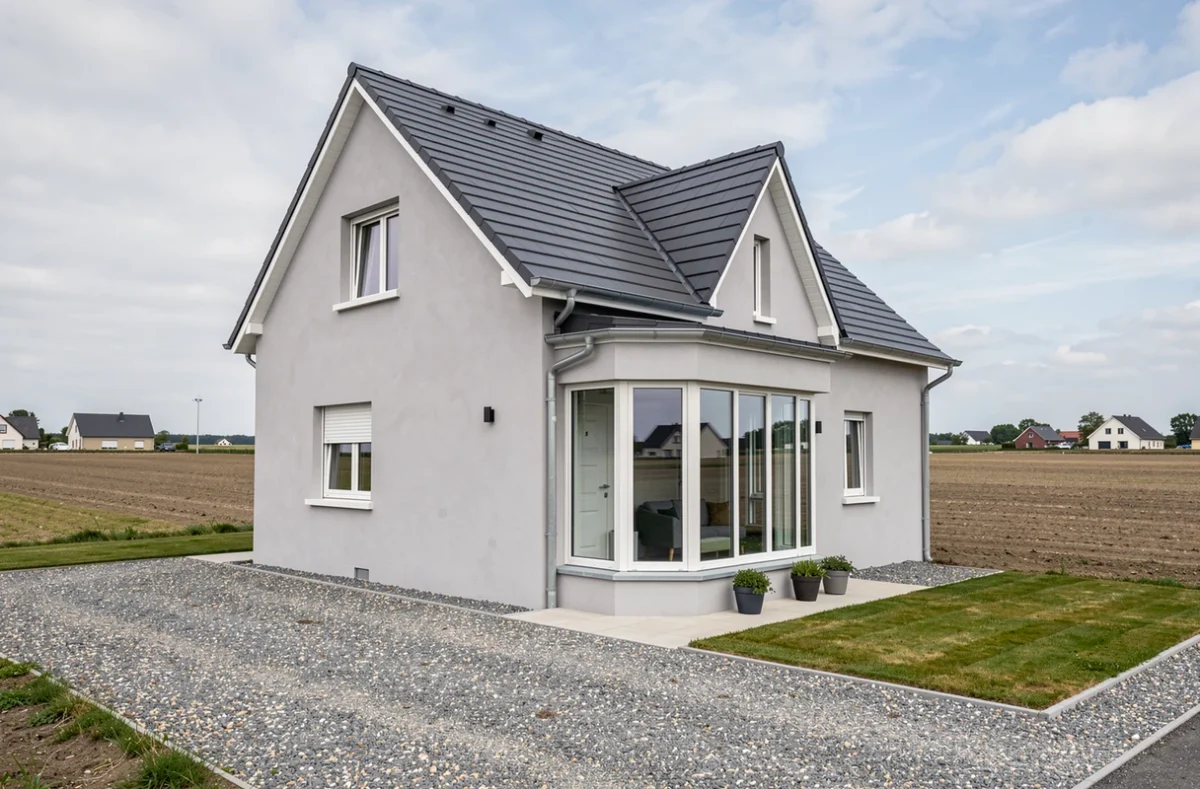 Maison individuelle grise avec baie vitrée construite par Maisons Pierre dans l'Aube