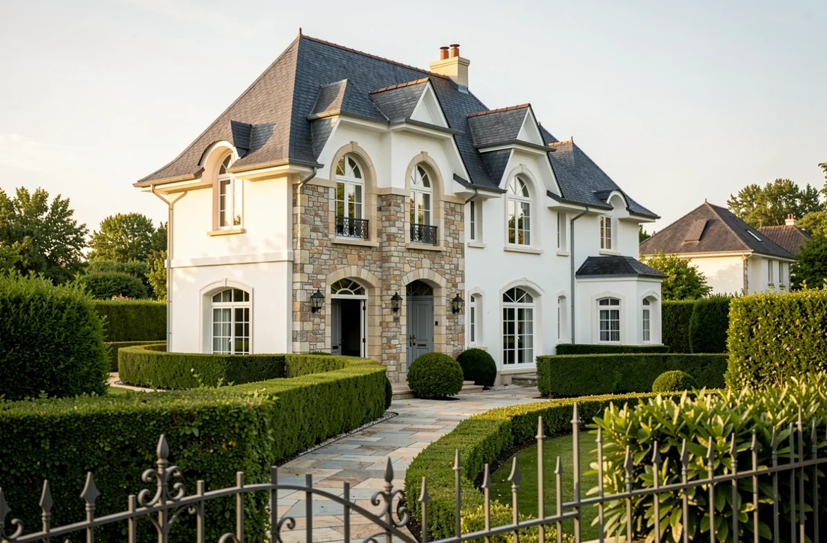 Maison individuelle haut de gamme construite par Maisons Prestige avec façade en pierre et ardoise dans l'Aube