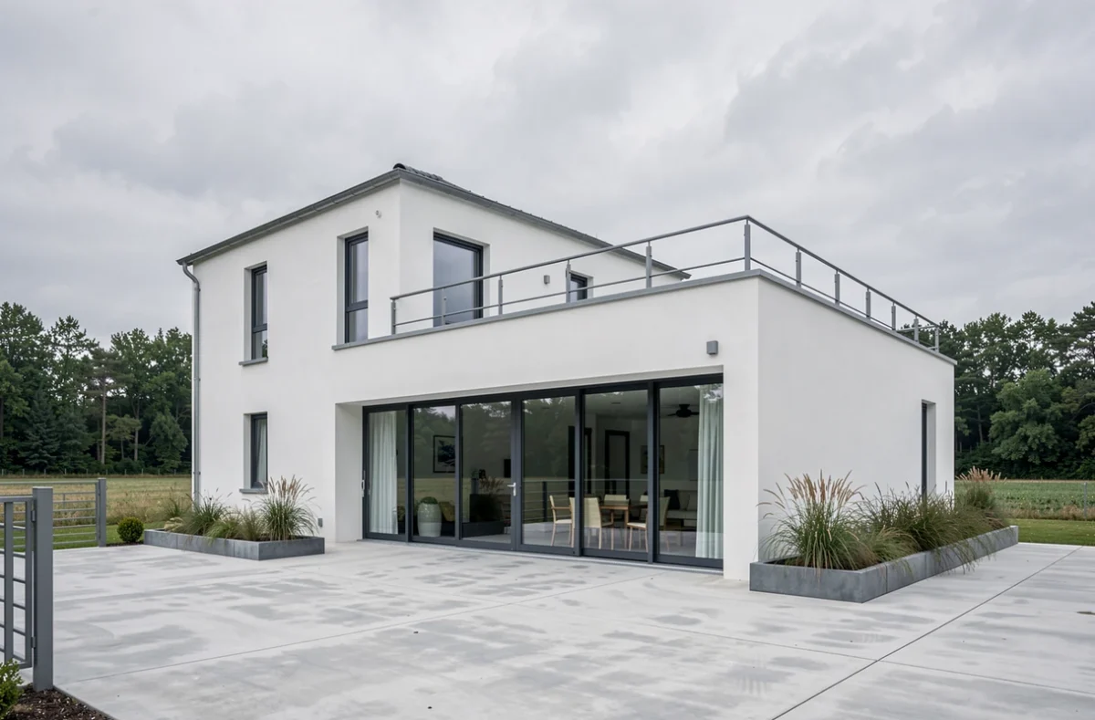 Maison individuelle moderne avec verrière et terrasse de toit construite par Maisons Sésame dans l'Aube