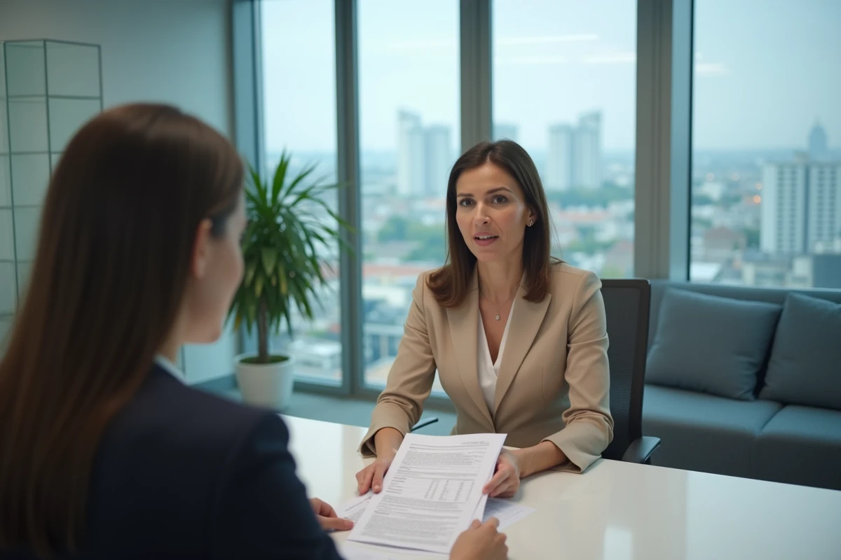 Marchande de biens en blazer beige discutant des frais notariaux avec un notaire autour d'une table de réunion avec des documents immobiliers