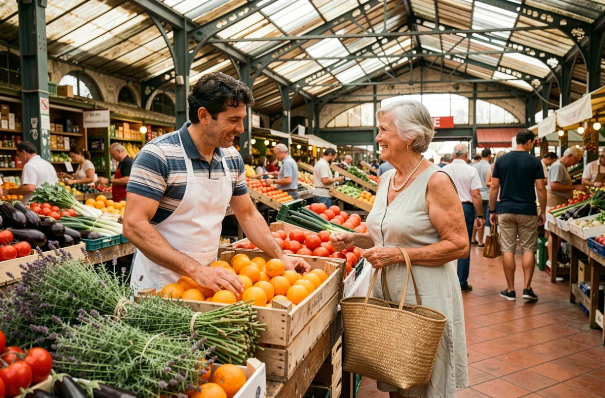 Marché couvert animé du 9ème arrondissement de Marseille avec étals de fruits et légumes et habitants locaux