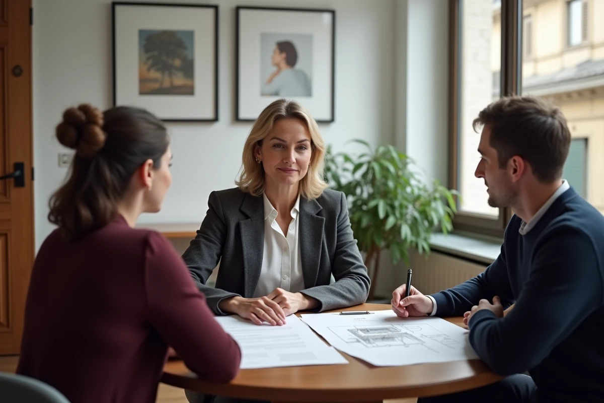 Médiatrice facilitant une discussion apaisée entre deux ex-conjoints autour des documents de vente immobilière