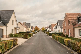 Vue panoramique d'une rue résidentielle dans l'Aube avec des maisons individuelles modernes aux façades variées