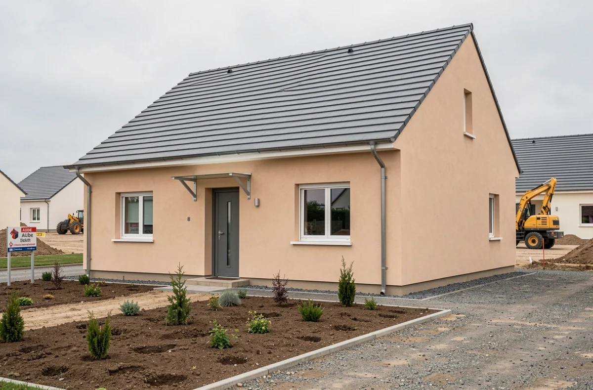 Maison individuelle en fin de chantier construite par MF Construction dans l'Aube avec façade sable