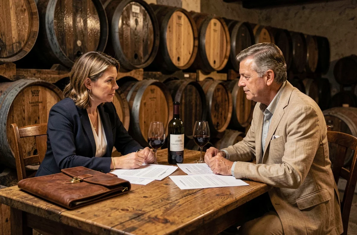 Deux professionnels négocient l'achat d'un vignoble bordelais dans une cave à barriques traditionnelle
