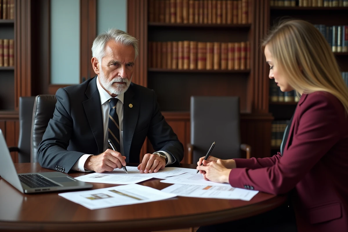Notaire et agent immobilier réunis autour de documents de vente dans un cabinet notarial professionnel