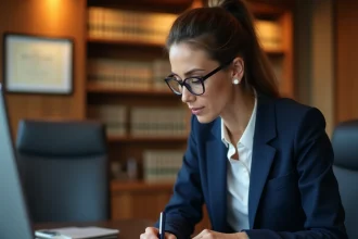 Notaire examinant des documents juridiques numériques sur écran tactile dans un bureau moderne en 2026