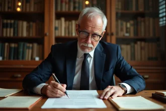 Notaire de Limoges examinant des documents officiels sur un bureau en chêne dans un office notarial traditionnel