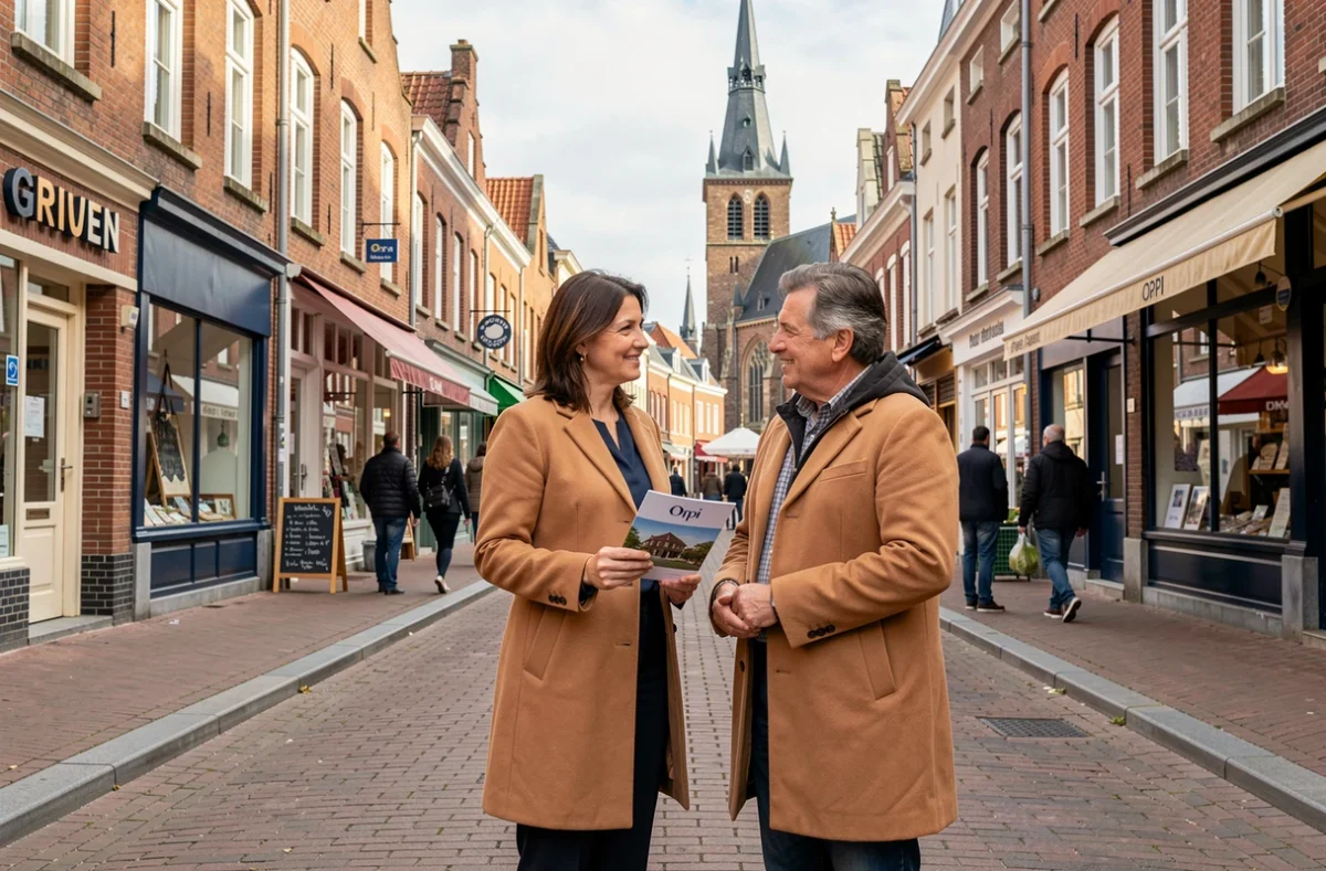 Agente Orpi Armentières avec un client dans une rue piétonne du centre-ville d'Armentières avec architecture flamande