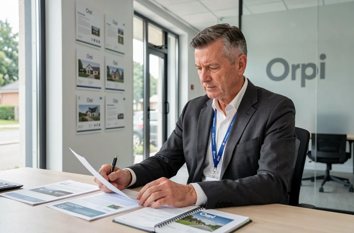 Agent immobilier Orpi Hauts-de-France en costume dans une agence moderne, consultant des documents de propriété