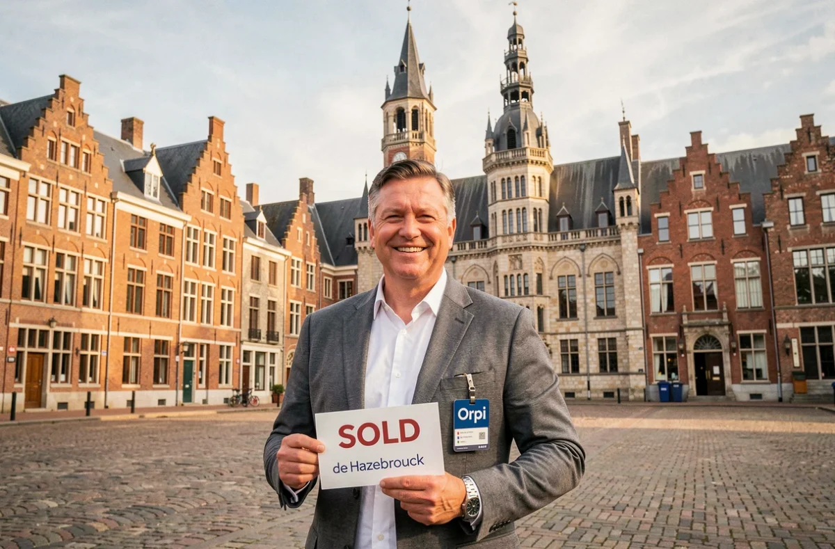 Agent Orpi Hazebrouck devant la Grand Place flamande de Hazebrouck avec son beffroi et façades en briques rouges