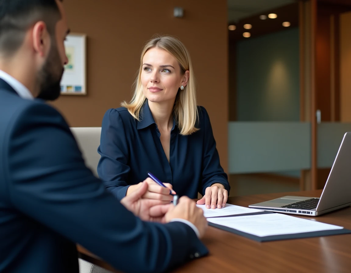 Femme signant des documents bancaires avec un conseiller dans une banque privée andorrane moderne