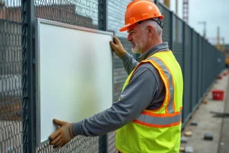 Ouvrier de construction installant une affiche sur un chantier