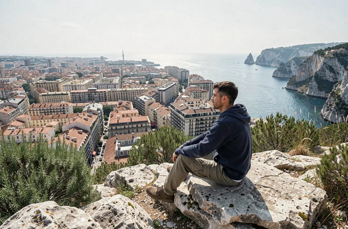 Vue panoramique sur le 9ème arrondissement de Marseille depuis un promontoire rocheux avec la mer Méditerranée en arrière-plan