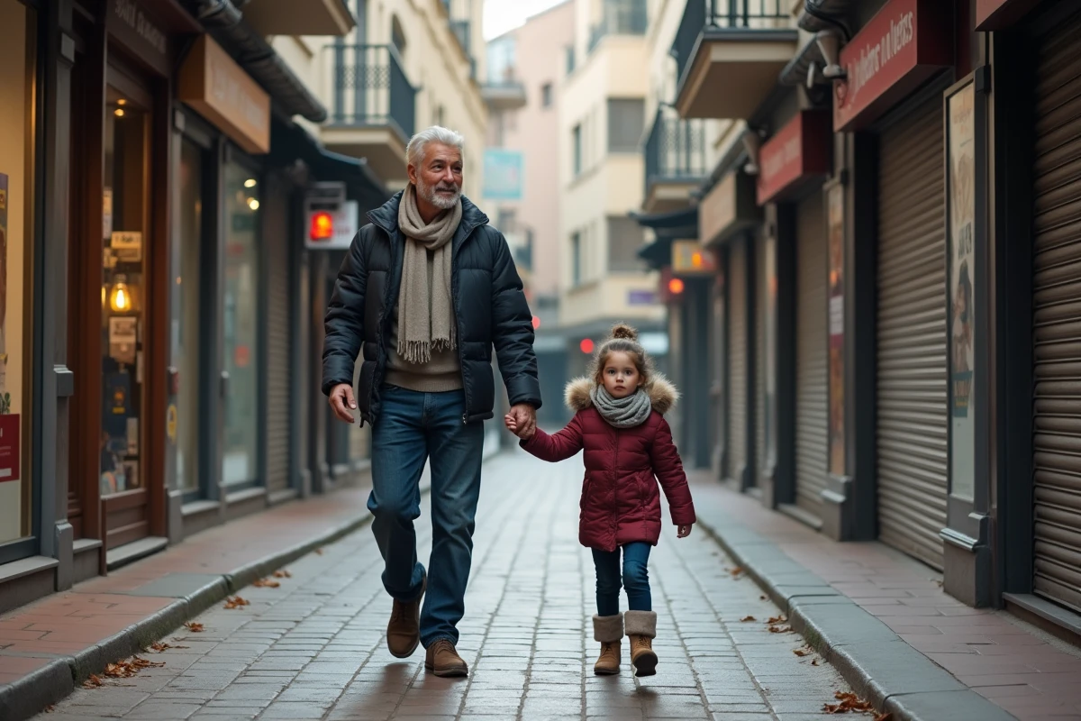 Père et fille marchant dans une rue commerçante calme