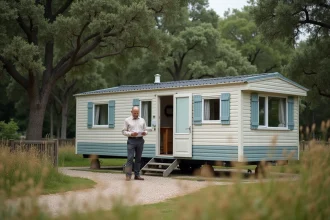 Homme examinant des documents devant un mobil home installé sur une parcelle de terrain en zone rurale