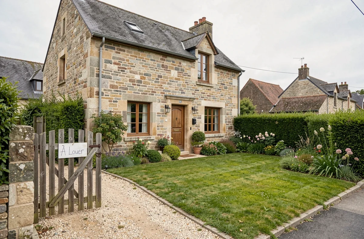 Petite maison avec jardin à louer dans le 76 Seine-Maritime avec panneau de location visible sur le portail