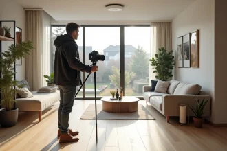 Photographe professionnel réalisant une visite virtuelle 360 dans un salon moderne avec caméra spécialisée