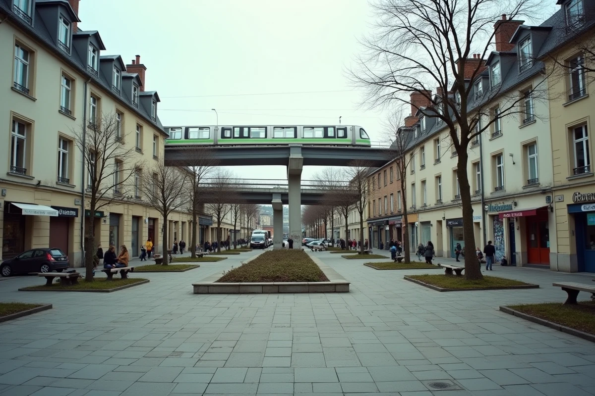 Place de quartier à Créteil avec infrastructure de métro et espace public animé au quotidien