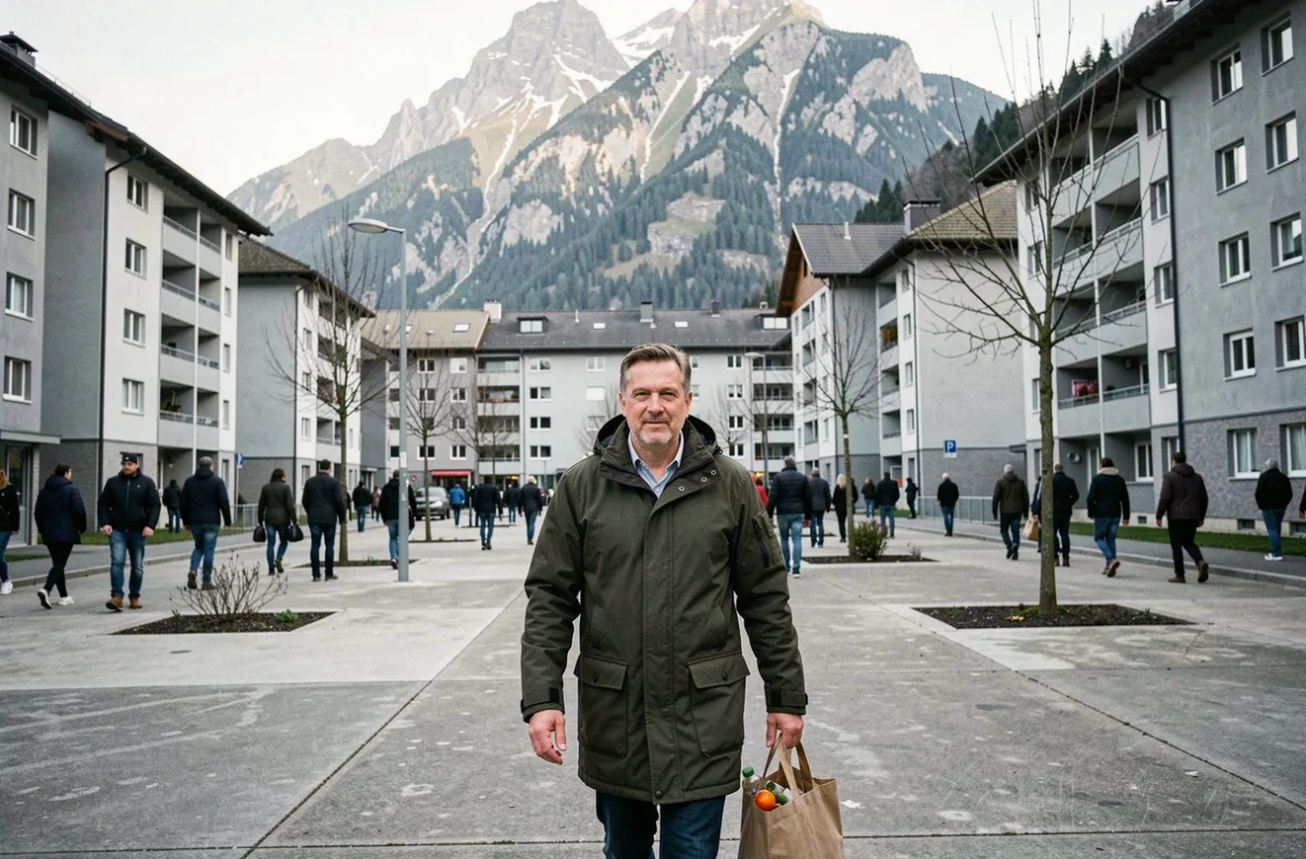 Homme traversant une place urbaine bétonnée de Grenoble avec le massif de la Chartreuse en arrière-plan