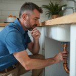 Changement plomberie sanitaire en cuivre : quand le faire ? Plombier homme inspectant les tuyaux en cuivre sous l'évier