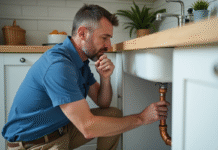 Plombier homme inspectant les tuyaux en cuivre sous l'évier