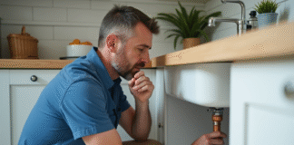 Plombier homme inspectant les tuyaux en cuivre sous l'évier