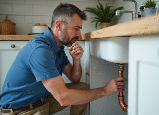 Changement plomberie sanitaire en cuivre : quand le faire ? Plombier homme inspectant les tuyaux en cuivre sous l'évier