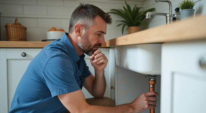 Plombier homme inspectant les tuyaux en cuivre sous l'évier