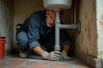 Plombier inspectant une conduite en fibrociment sous un évier dans une vieille maison française