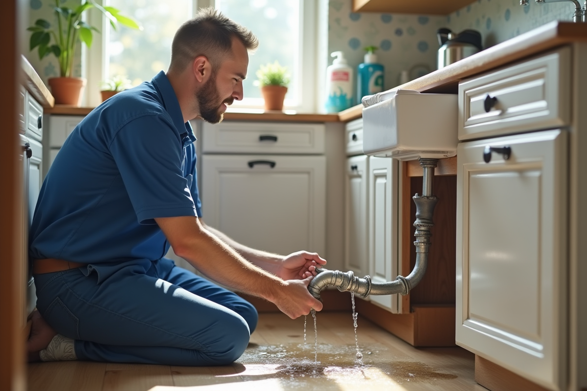 Plombier inspectant un tuyau qui fuit sous l