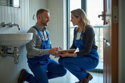 Plombier en bleu dans une salle de bain moderne