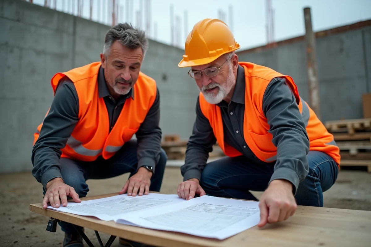Deux professionnels du bâtiment consultant un devis avec les données de l'indice BT47 sur un chantier de construction