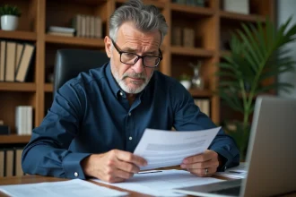 Propriétaire immobilier examinant un contrat de location meublée à son bureau à domicile