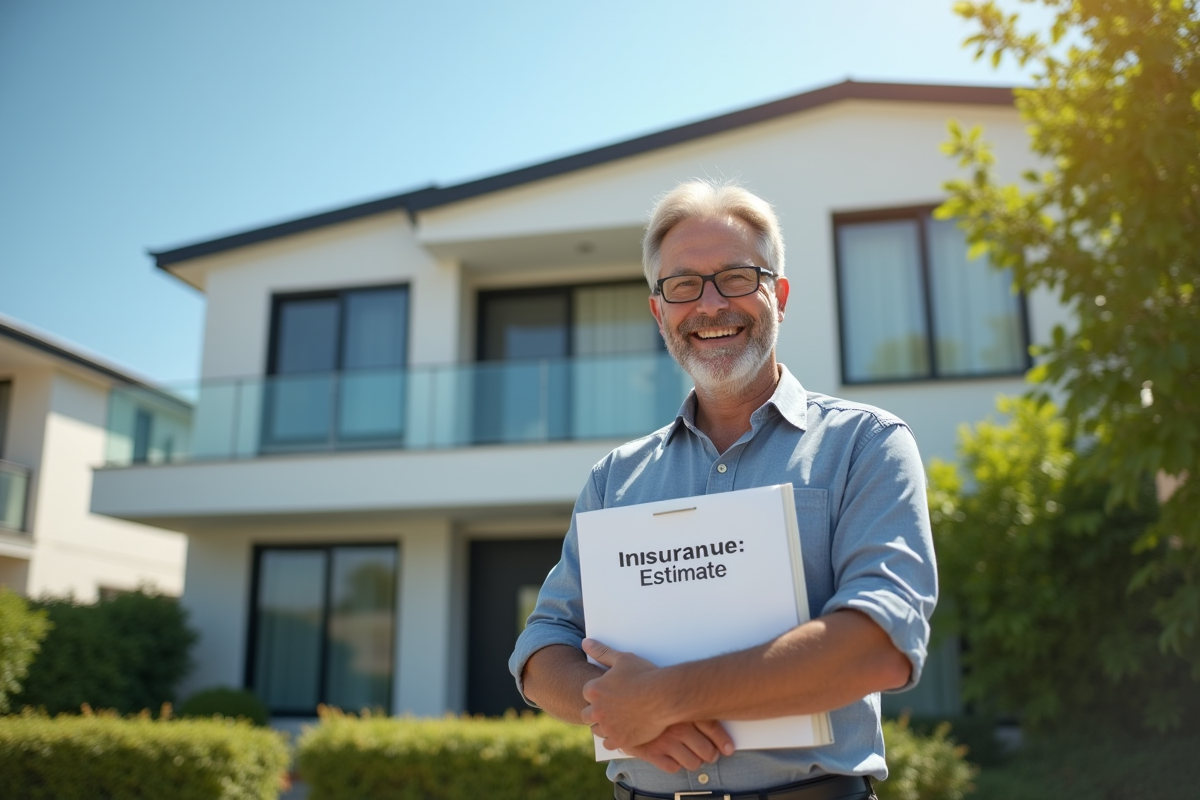 Propriétaire souriant devant un immeuble avec dossier d