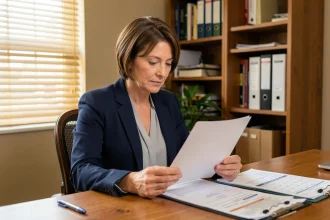 Propriétaire femme lisant attentivement une lettre de résiliation de bail à son bureau à domicile