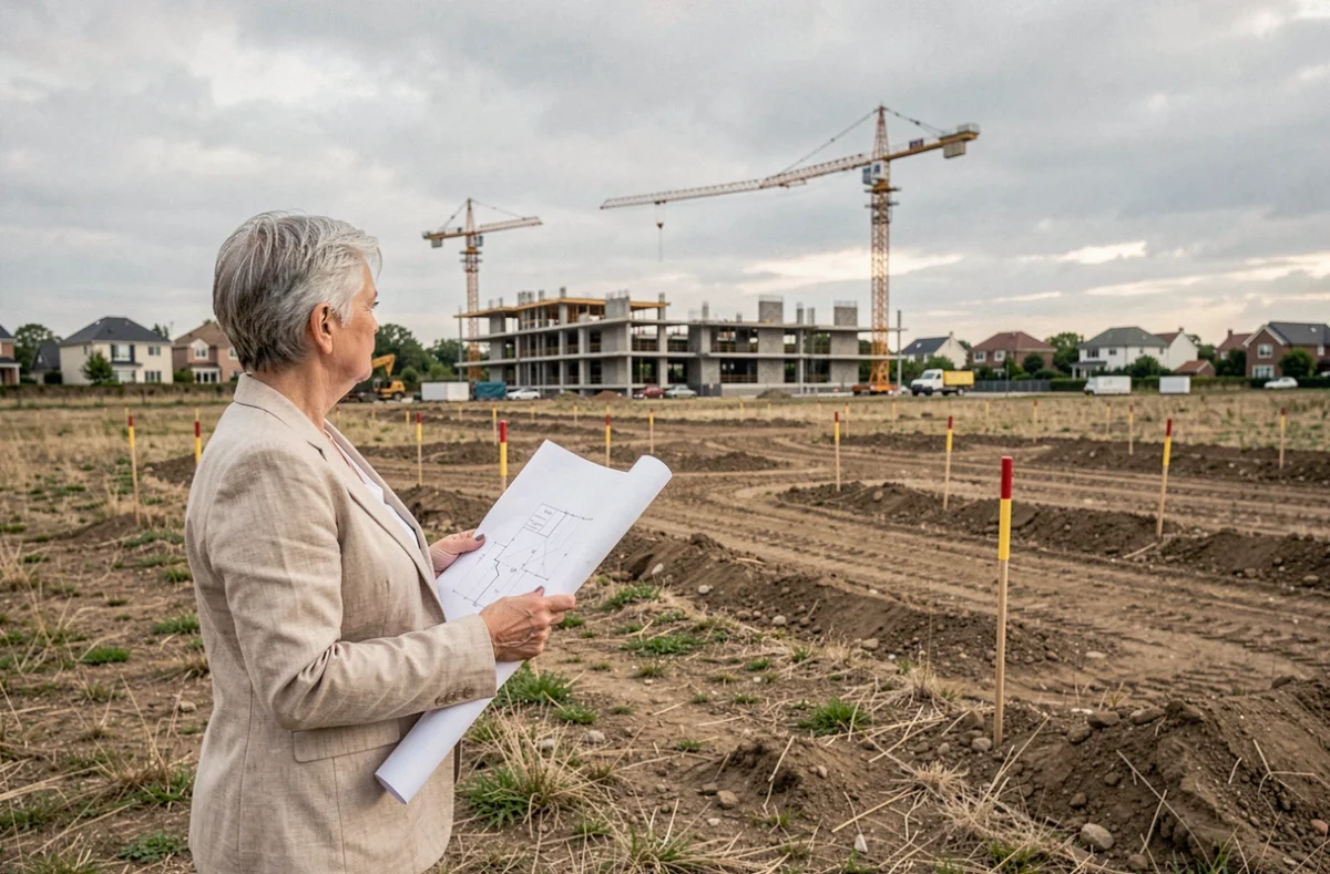 Propriétaire foncière debout sur un terrain à vendre en zone périurbaine avec des grues de construction en arrière-plan