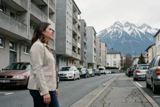 Femme contemplant les montagnes de Grenoble depuis un quartier bétonné en périphérie