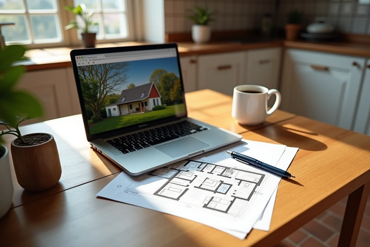Bureau domestique avec annonces de location de petite maison avec jardin, checklist et plan imprimé sur table en bois