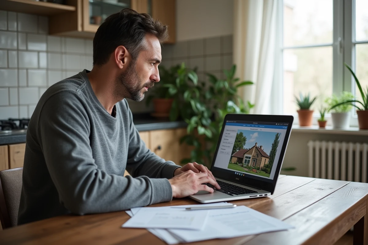 Homme recherchant des options de vente immobilière en ligne sur ordinateur portable lors d'un divorce en France